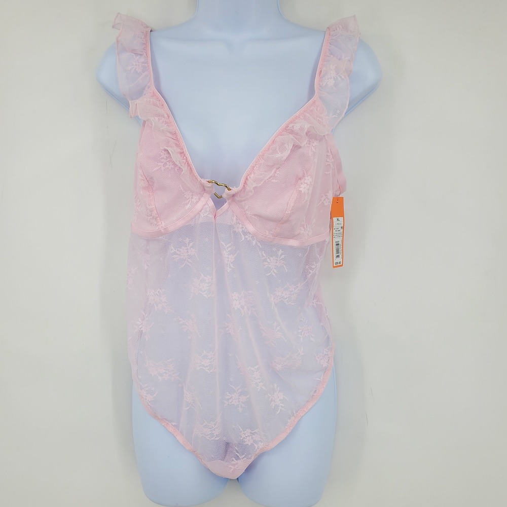 NWT Colsie Pink Floral Lace Ruffle Bodysuit Heart Sheer Lingerie XL Coquette
